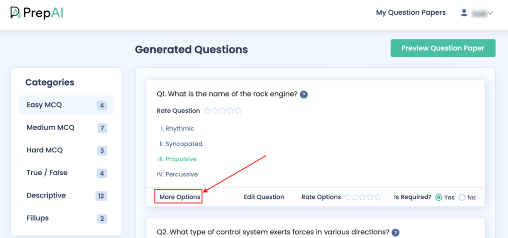 For replacing existing options with another one in MCQs, click on More Options and swap with the available ones.
